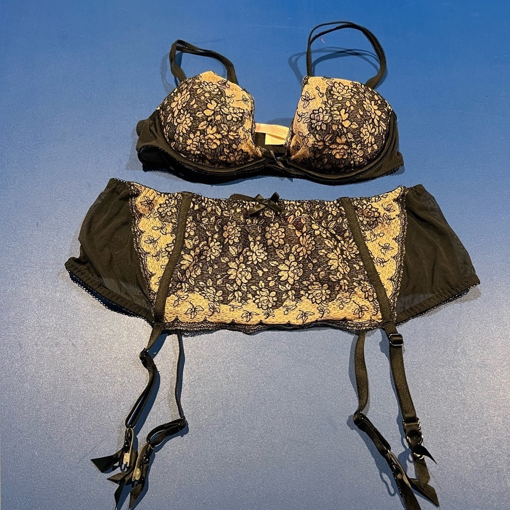 Victoria Secret Black Nude Lace Bra & Garter Belt READ